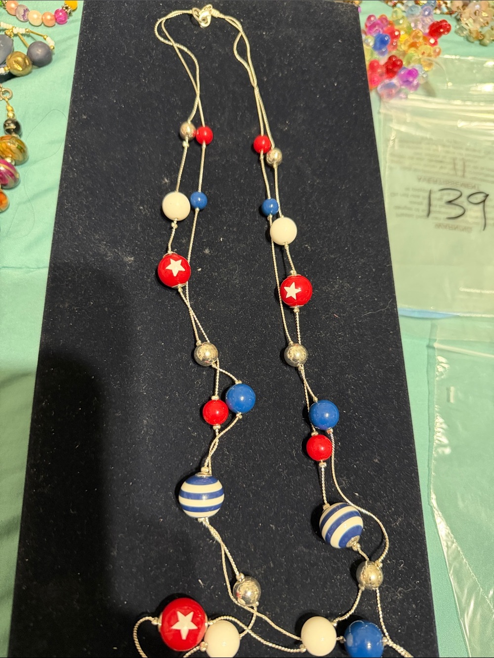 Patriotic Red, White & Blue Beaded Long Necklace
